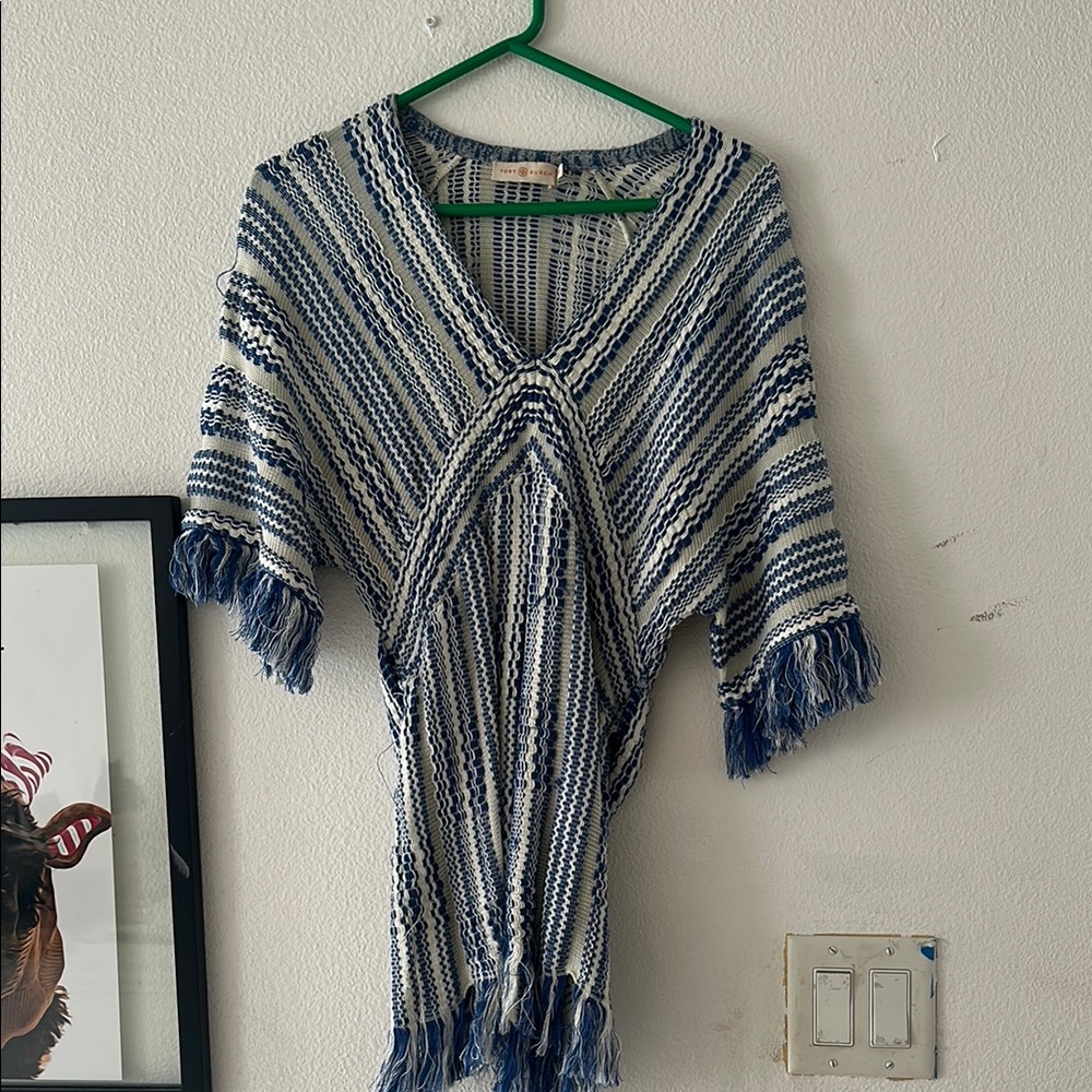 Striped Blue and White Knit Poncho